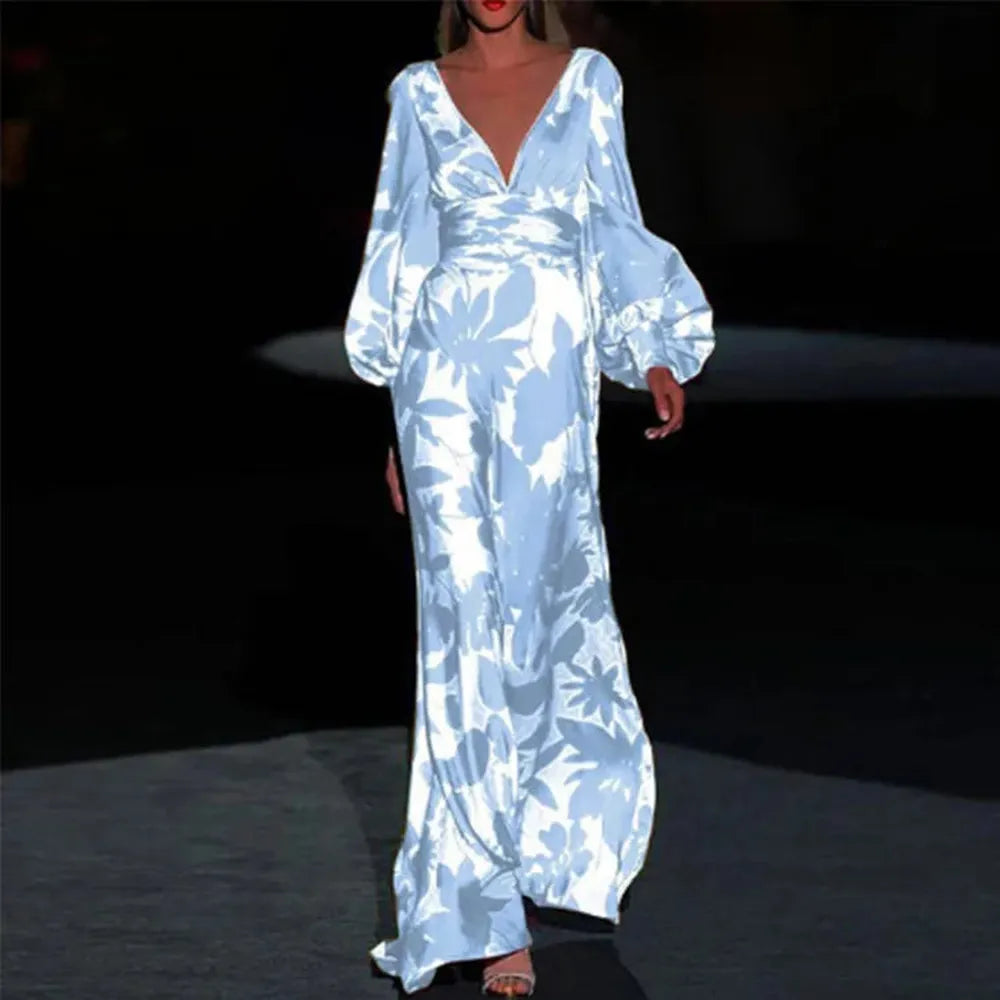 Robe longue élégante pour femme avec col en V et manches bouffantes – Style bohème décontracté