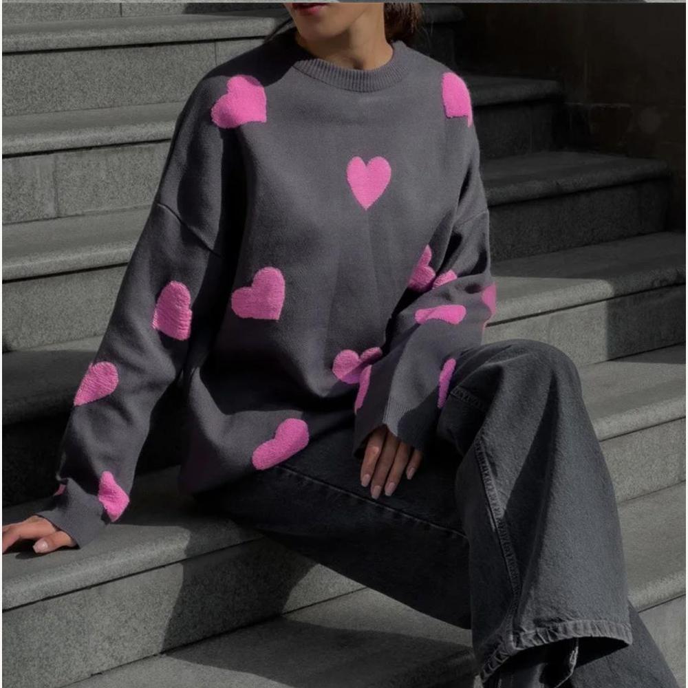 Variant image for Pull Femme Oversize Tricoté avec Broderie de Cœurs Rouges – Doux et Confortable en Maille-10