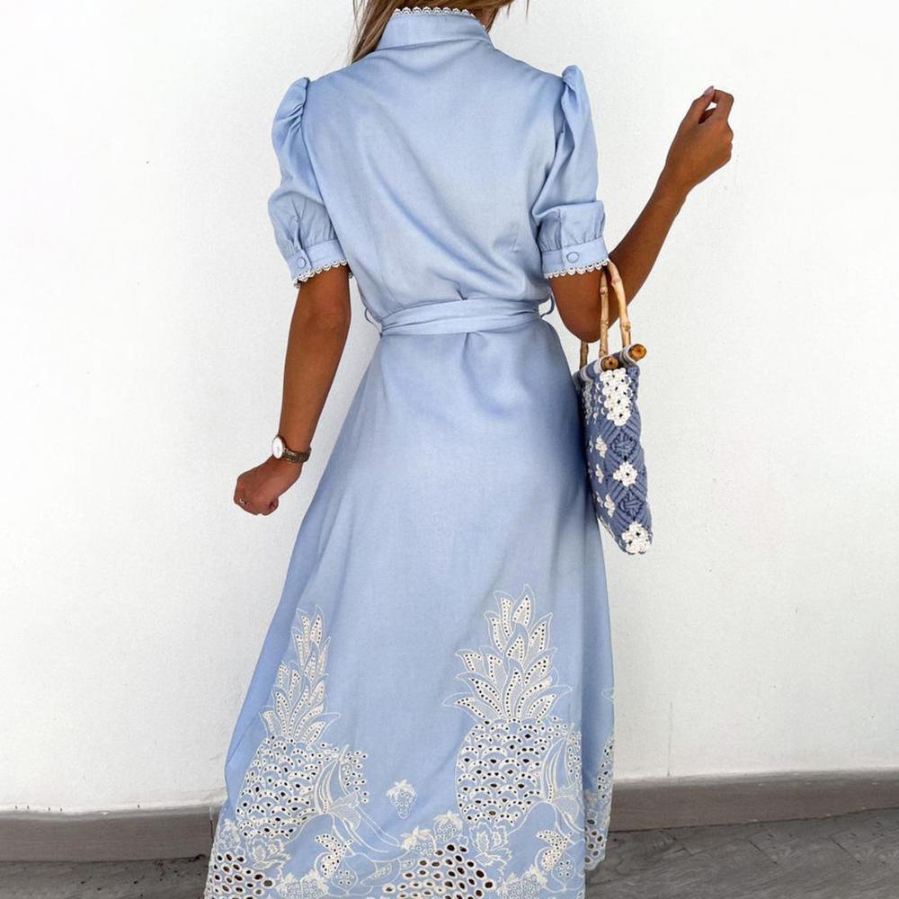 Elegant Long Cotton Dress for Women with Embroidery - Summer Maxi Dress Available in Sky Blue and White