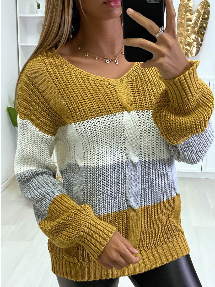 Pull Sofia à col en V | Tricot bicolore, coupe décontractée