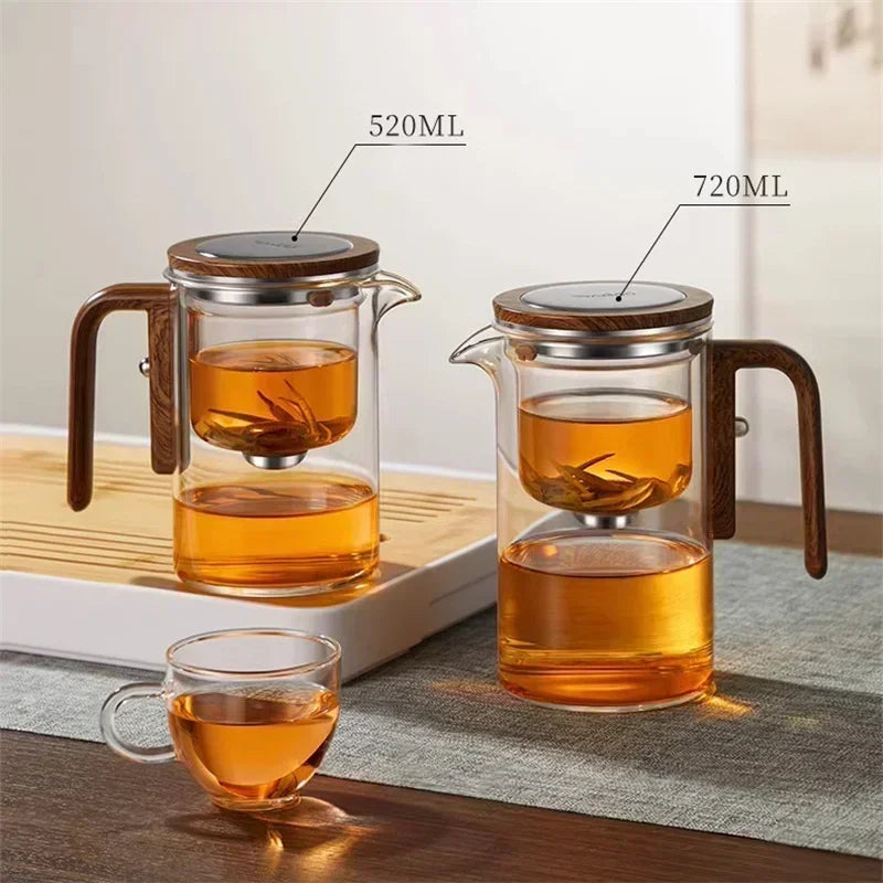 Borosilicate Glass Teapot with Filtration and Wooden Handle - 520ml, Water Separation System, Heat Resistant