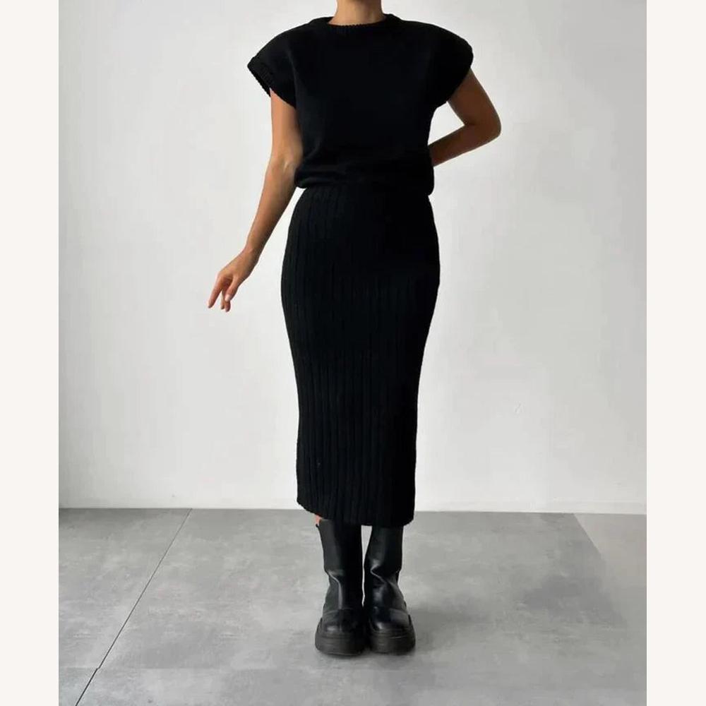 Variant image for Ensemble Femme en Maille Côtelée – Haut Sans Manches et Jupe Taille Haute Élégante-9