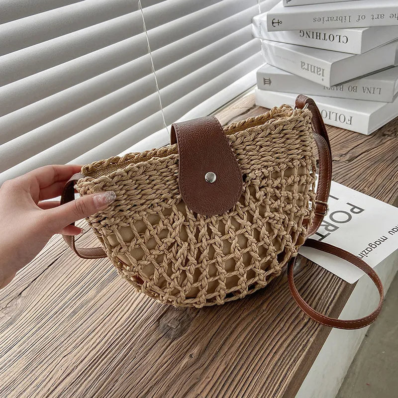 Sac à main en osier élégant pour femme avec poche intérieure – Sac d'épaule pratique en paille et cuir