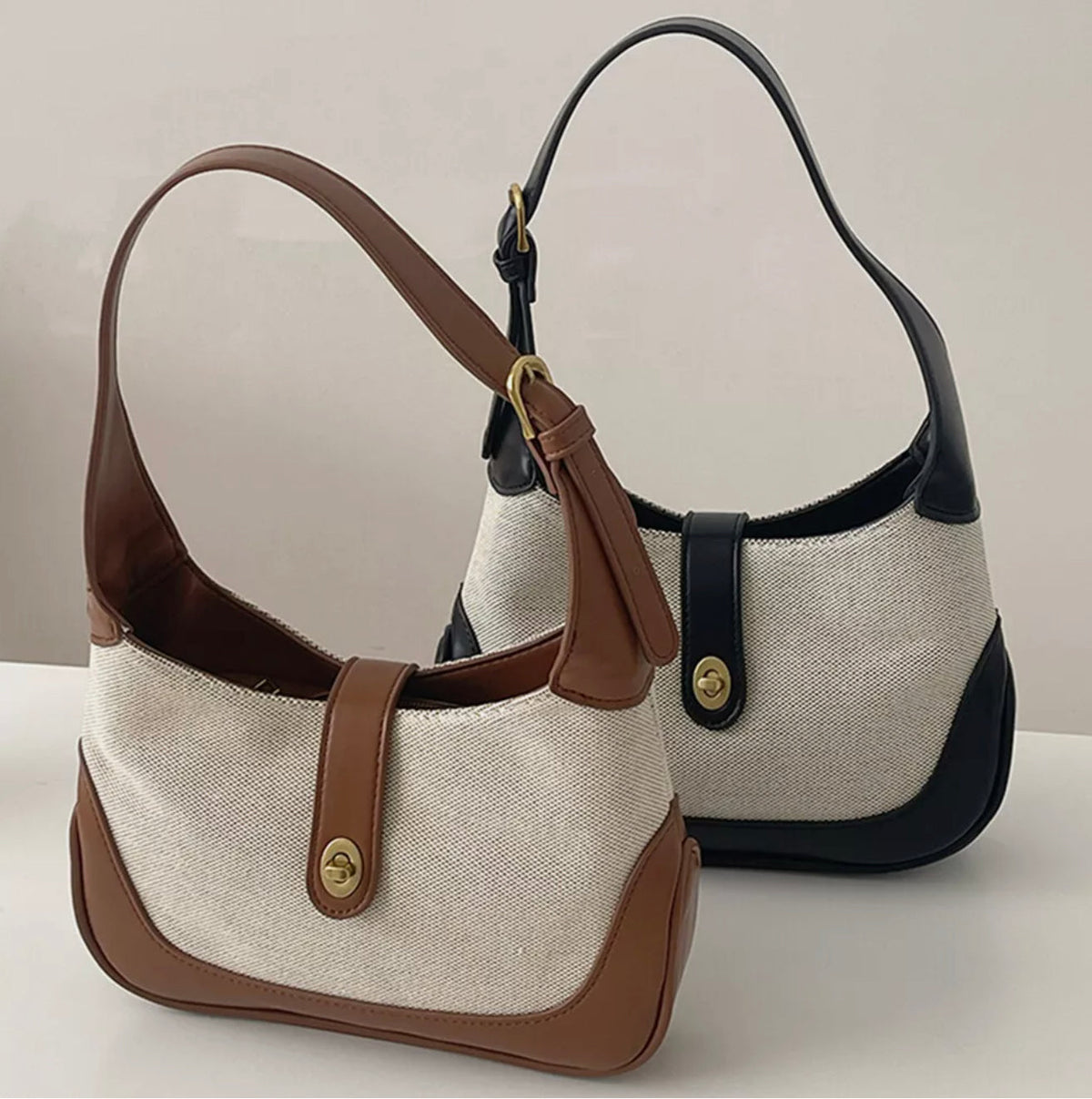 Women's Dalia Two-Tone Shoulder Bag in Textured Canvas with Vegan Leather Trims and Adjustable Shoulder Strap – 26 x 7 x 16 cm