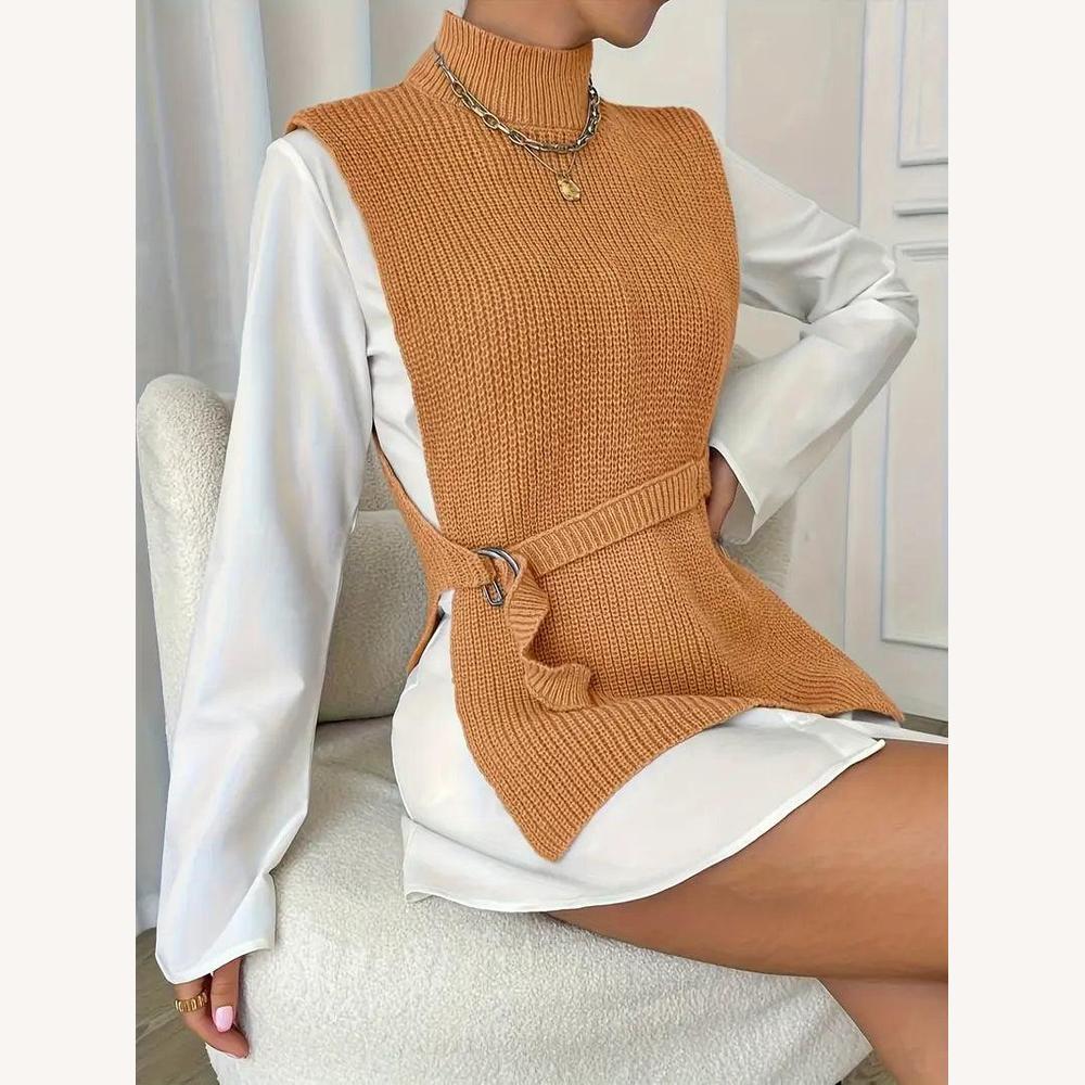 Variant image for Pull Femme Sans Manches Col Roulé en Maille Côtelée – Élégant et Chaud, Idéal pour Superposition-13