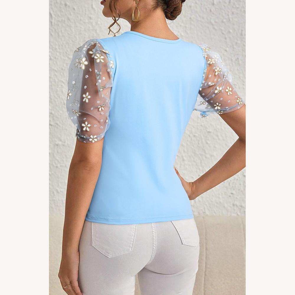 Haut élégant pour femme avec manches bouffantes brodées en organza – Bleu, confortable et chic