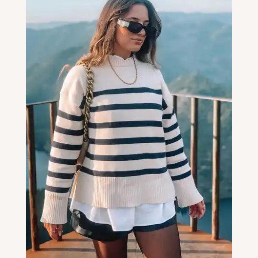 Pull tricoté doux à rayures pour femmes – Élégant et confortable, idéal pour un look décontracté