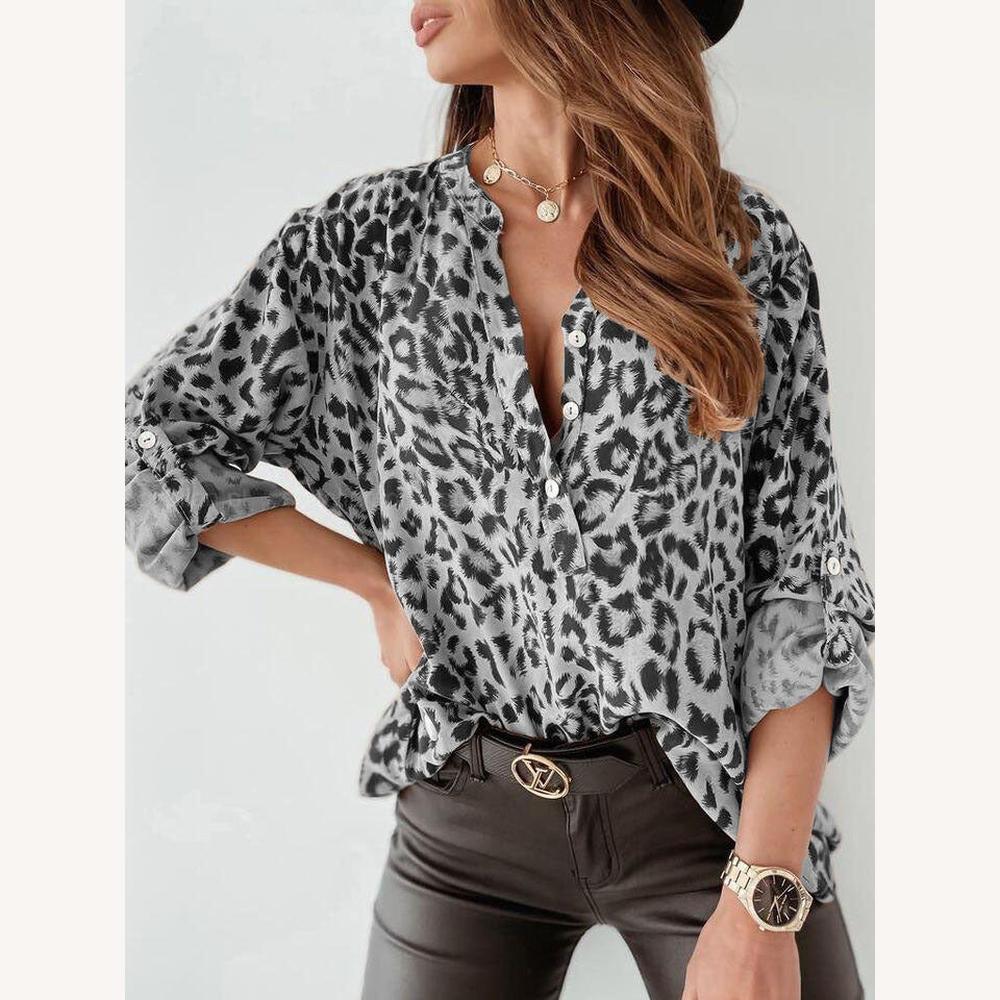 Blouse féminine chic à motif léopard avec manches retroussables – Tissu léger et polyvalent