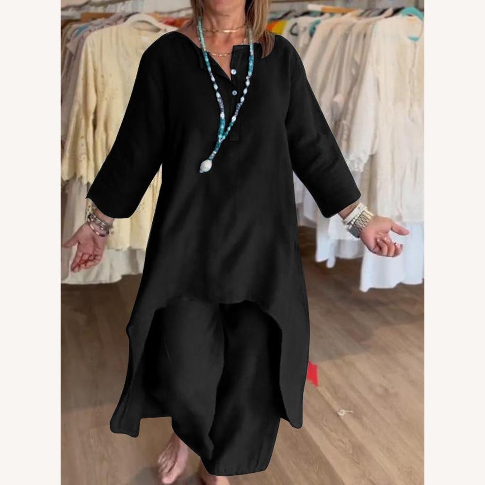 Ensemble léger en lin pour femme avec tunique asymétrique et pantalon ample – Idéal pour l'été