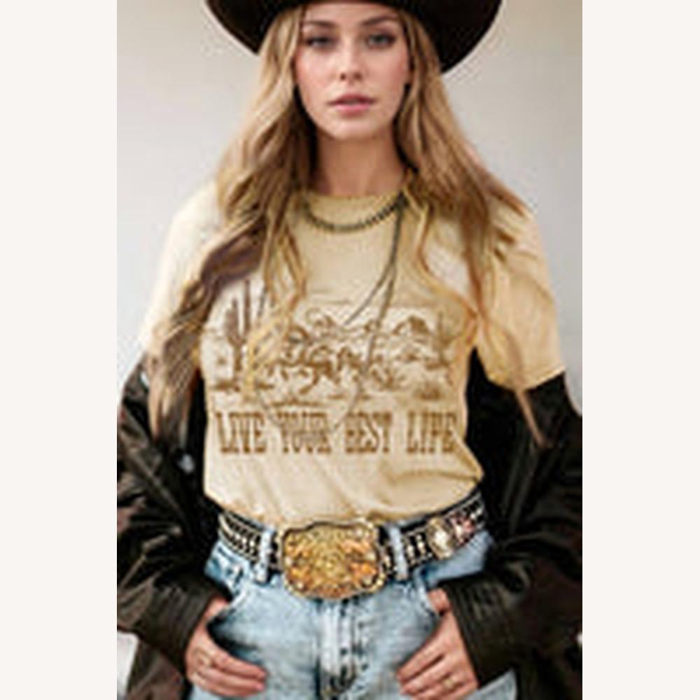 T-shirt graphique beige pour femme Vivez votre meilleure vie – Style décontracté occidental en coton, col rond, tailles S à XL