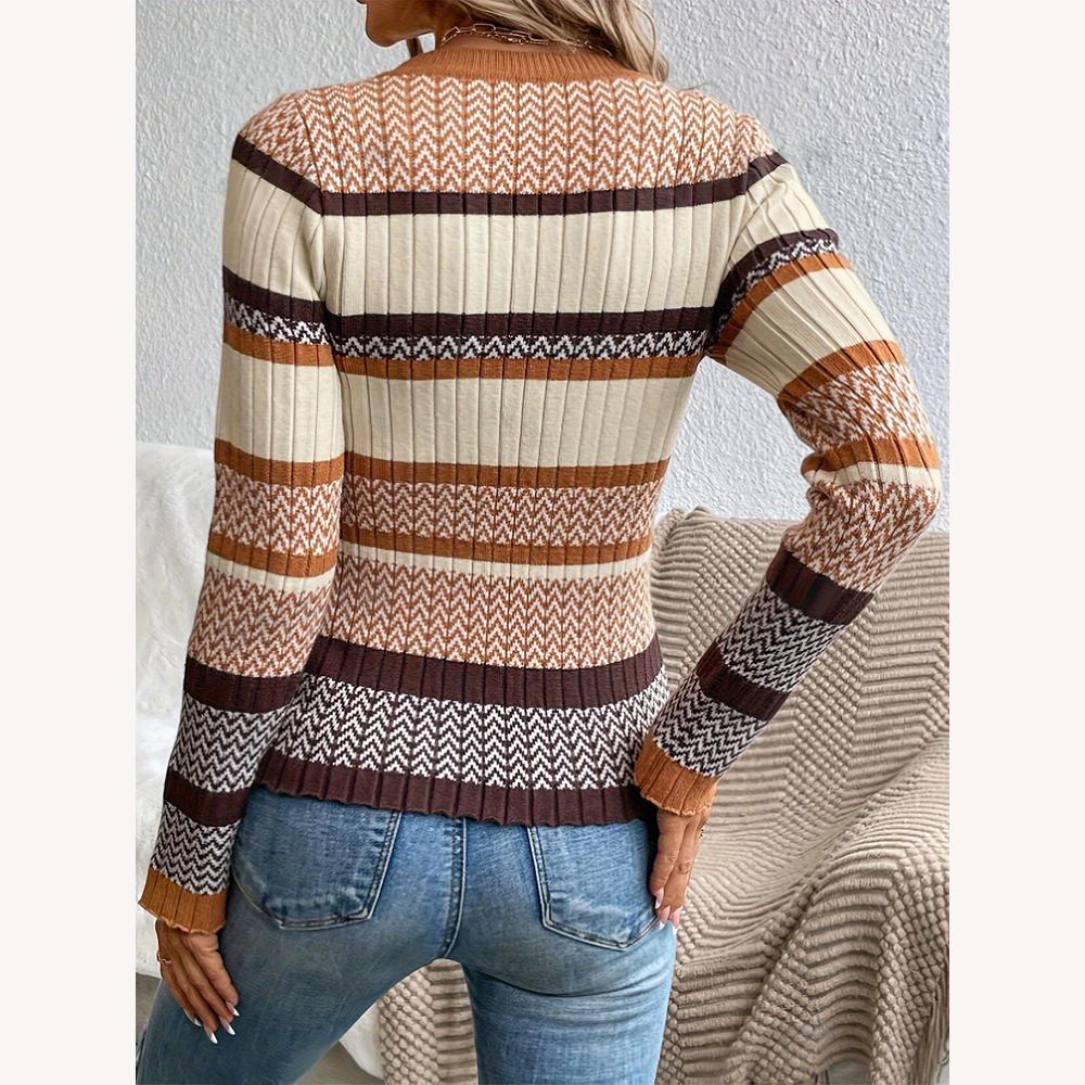 Pull côtelé rayé pour femme, doux et extensible – col rond, manches longues, idéal pour l'automne et l'hiver