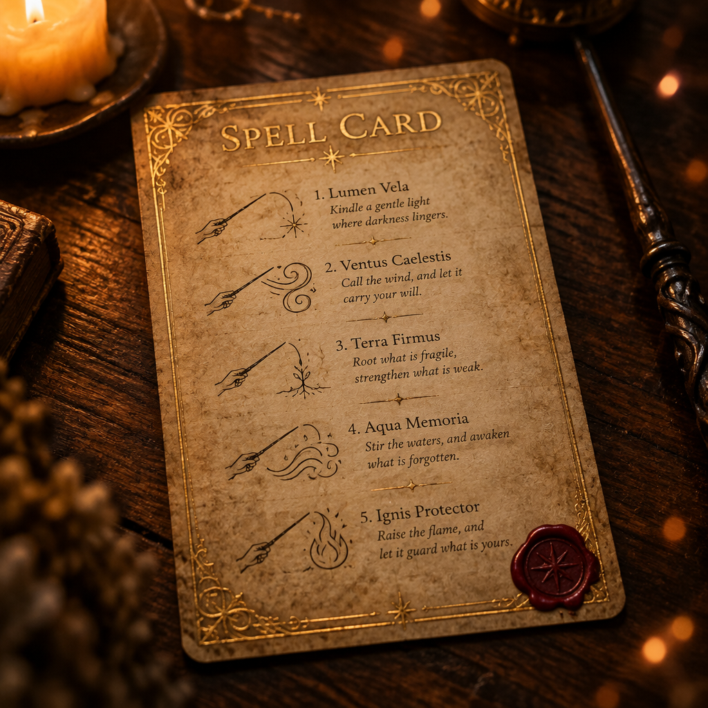 Parchment Spell Card with five illustrated spells, gold foil border and red wax seal