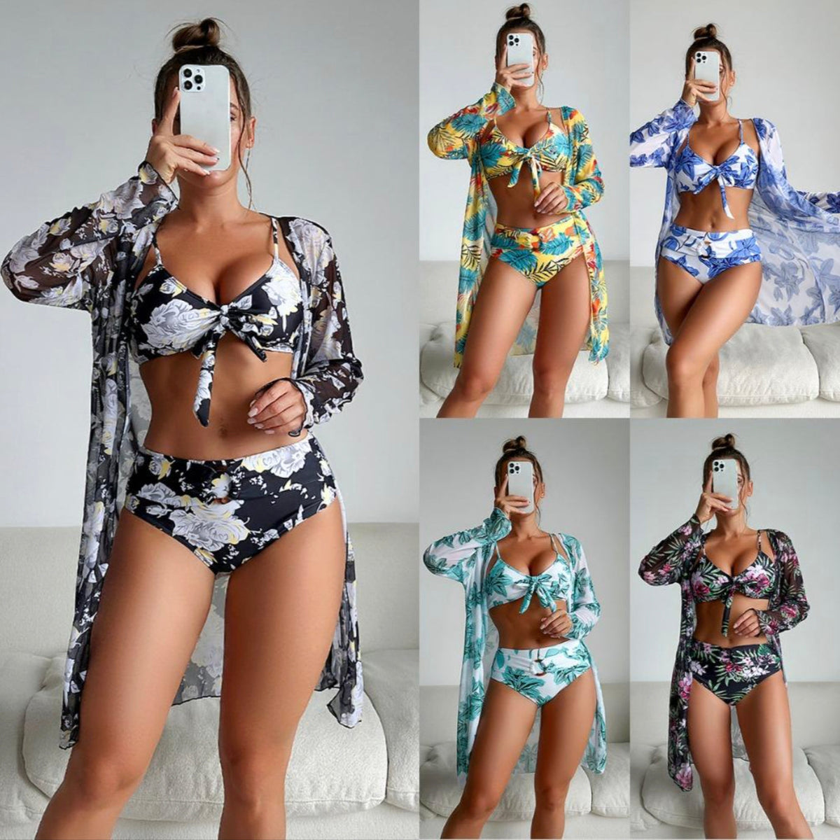 Ensemble de maillot de bain trois pièces tropical bohème pour femme avec haut à manches longues et détails en dentelle