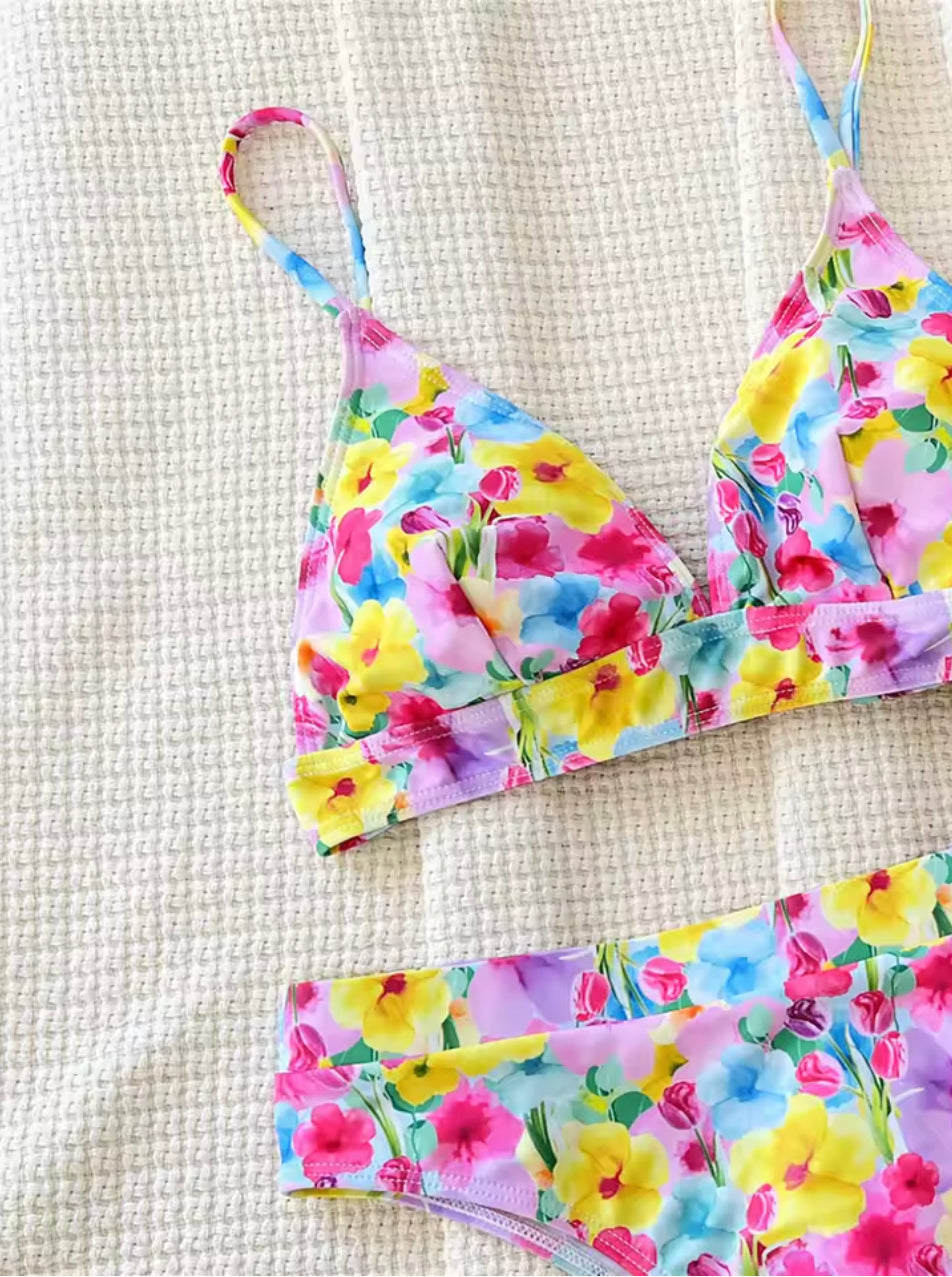 Bikini Triangle Floral Bohème Femme – Maillot de Bain d'Été avec Liens, Polyester Confortable, Tailles S à XL