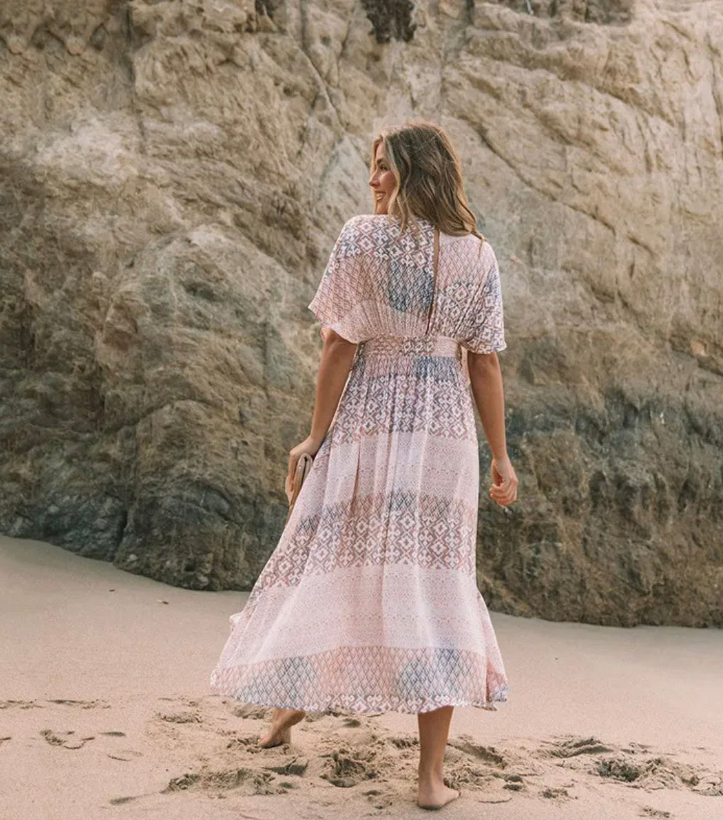 Long Women's Boho Floral Asymmetric Dress in Blended Cotton – Elegant and Comfortable Spring Dress