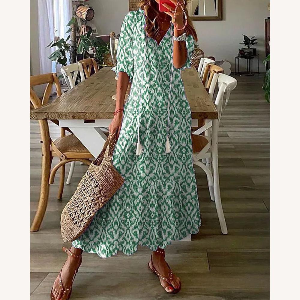 Women's Long Bohemian Dress with V-Neckline and Lantern Sleeves – Bright Floral Pattern for Summer