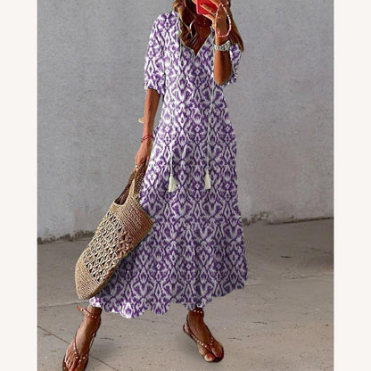Women's Long Bohemian Dress with V-Neckline and Lantern Sleeves – Bright Floral Pattern for Summer