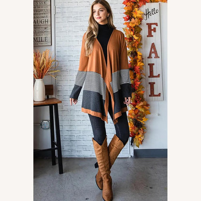 Cardigan rayé bicolore pour femme – Ouverture fluide, mi-cuisse, confortable et décontracté, orange et noir