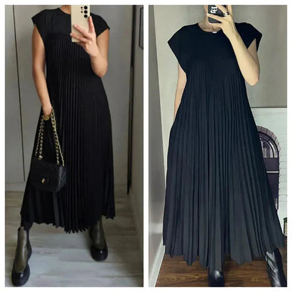Robe longue plissée élégante pour femmes en couleur unie – Confortable et polyvalente pour toutes les occasions