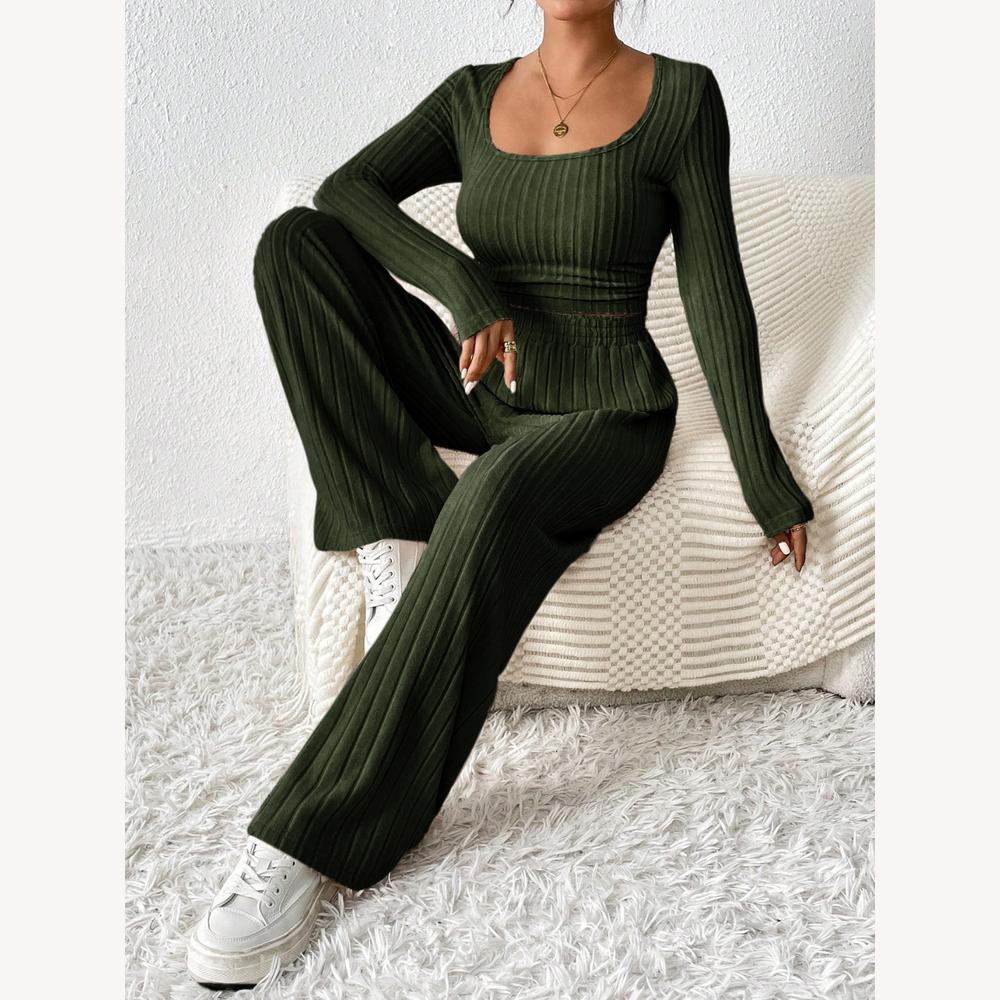 Ensemble détente côtelé 2 pièces femme – Haut court à manches longues et pantalon large taille haute beige