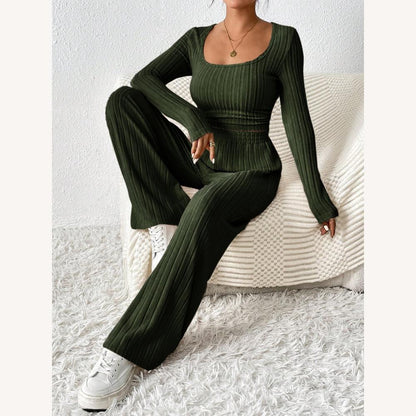 Ensemble détente côtelé 2 pièces femme – Haut court à manches longues et pantalon large taille haute beige