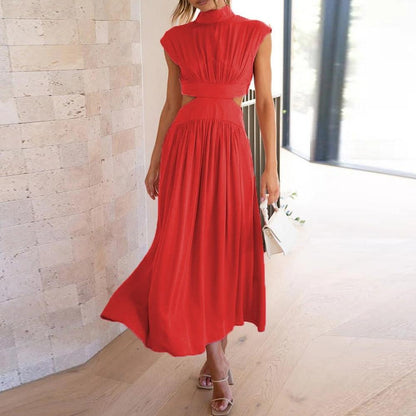Elegant Long Women's Dress with Short Sleeves in Polyester with Invisible Zipper Closure - Casual Calf-Length Style
