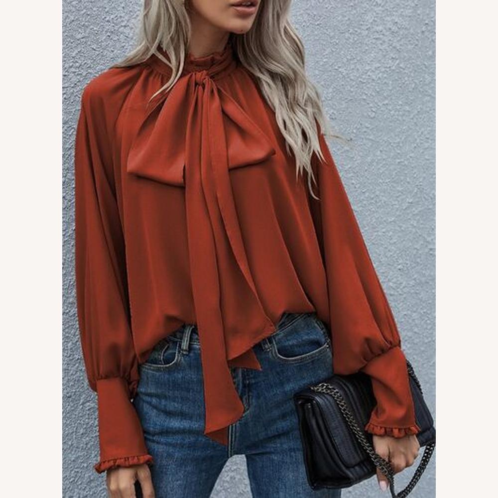Blouse élégante pour femme en polyester abricot avec nœud papillon et manches bouffantes – Sophistiquée et polyvalente