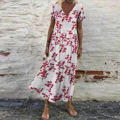 Robe d'été pour femme avec fleurs - Col en V, manches courtes, coton et rayonne, élégante et confortable