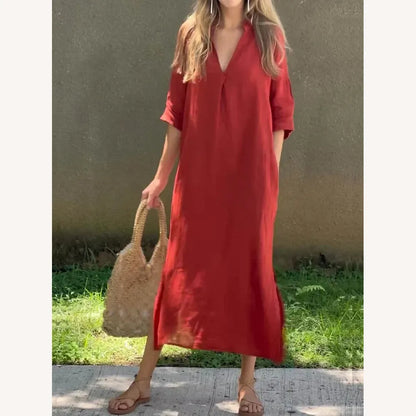 Robe longue en lin pour femme avec encolure en V et poches – Élégante et confortable, disponible en plusieurs couleurs