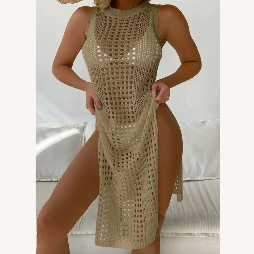 Robe de plage en crochet élégante pour femme – Midi confortable avec fente latérale en mélange de coton