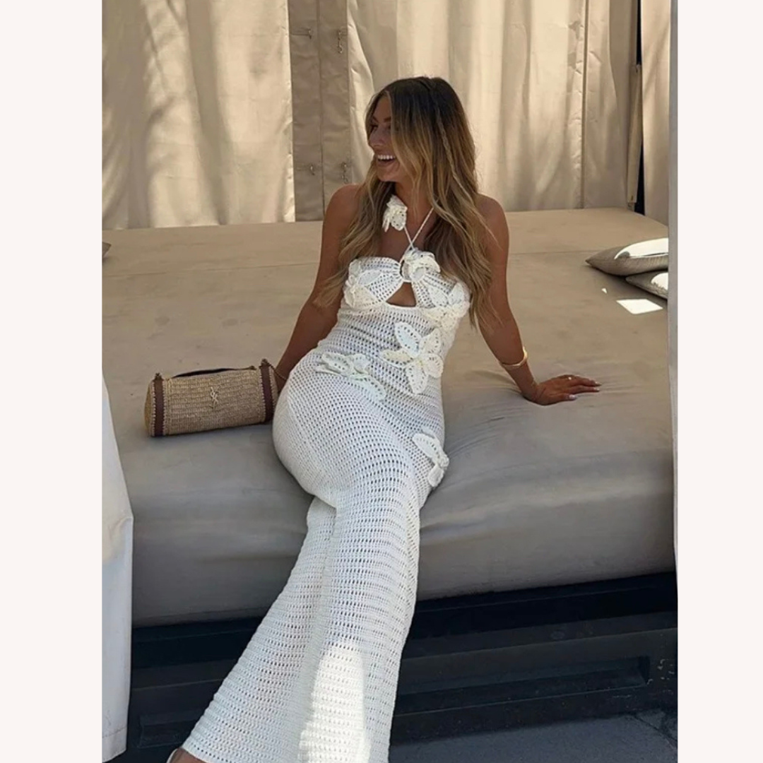 Robe longue en crochet pour femme bleue – Élégante robe d'été bohème maxi avec détails flottants