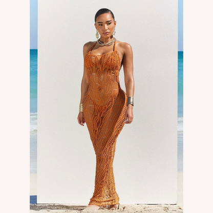 Robe longue élégante pour femme en crochet pour l'été – Silhouette ajustée, idéale pour la plage et les soirées