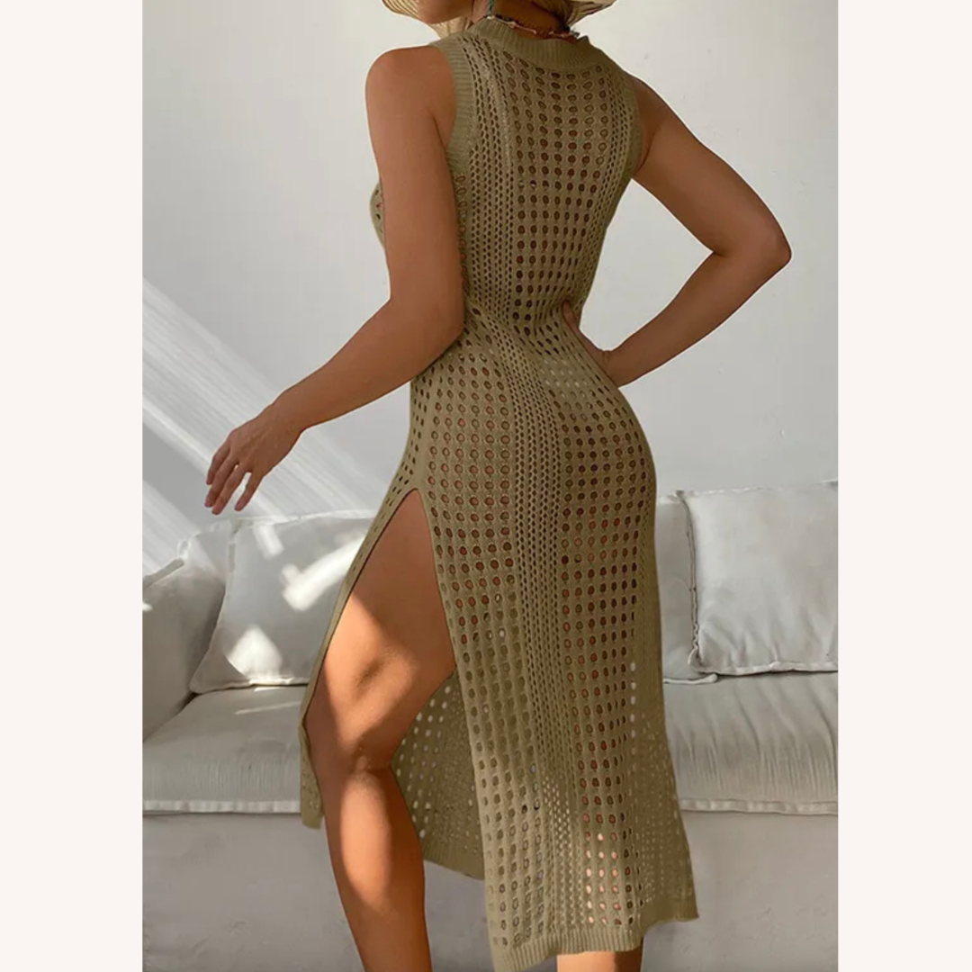 Robe de plage en crochet élégante pour femme – Midi confortable avec fente latérale en mélange de coton