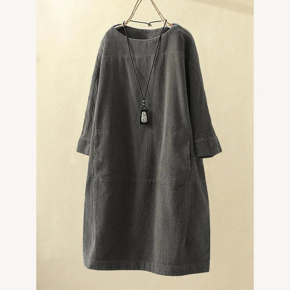 Robe pour femme en velours côtelé coupe trapèze – Élégante et confortable, col rond, longueur au-dessus du genou, disponible en plusieurs couleurs