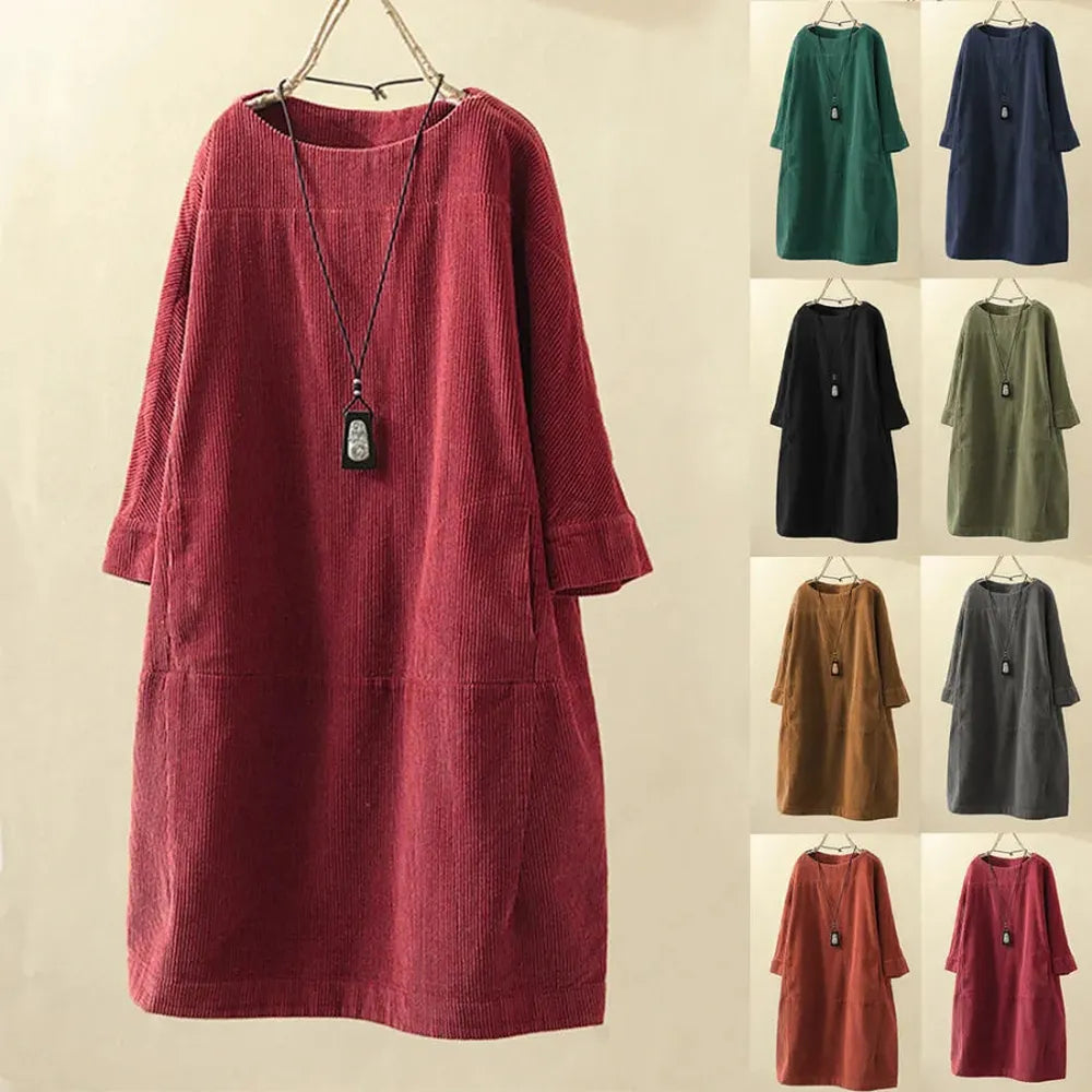 Robe pour femme en velours côtelé coupe trapèze – Élégante et confortable, col rond, longueur au-dessus du genou, disponible en plusieurs couleurs