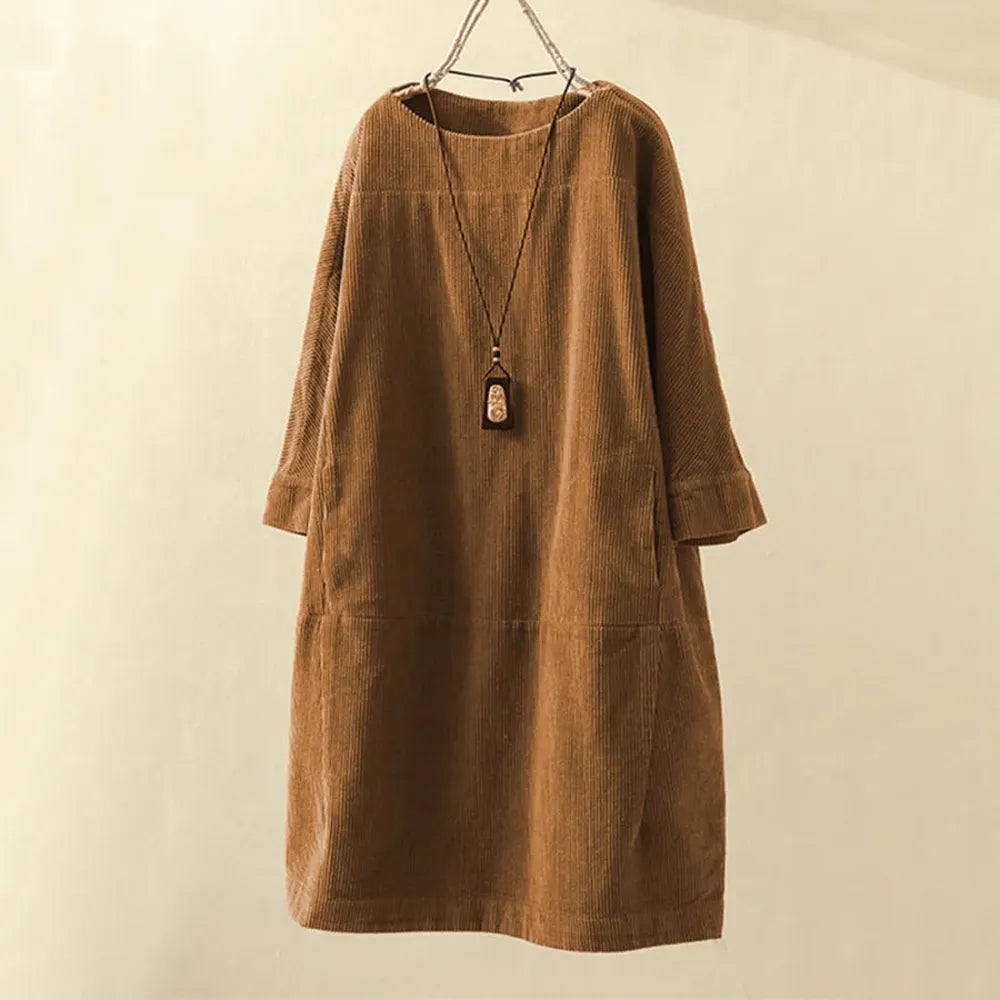 Robe pour femme en velours côtelé coupe trapèze – Élégante et confortable, col rond, longueur au-dessus du genou, disponible en plusieurs couleurs