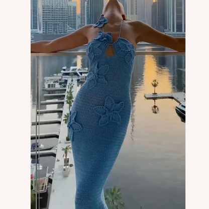 Robe longue en crochet pour femme bleue – Élégante robe d'été bohème maxi avec détails flottants