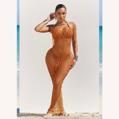 Robe longue élégante pour femme en crochet pour l'été – Silhouette ajustée, idéale pour la plage et les soirées