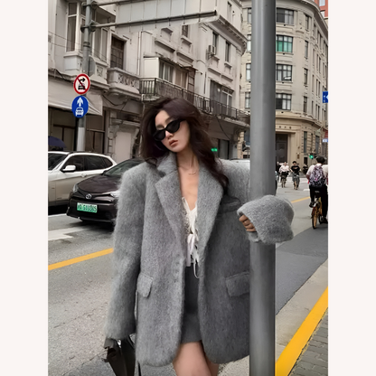 Veste blazer pour femme en polyester à fausse fourrure