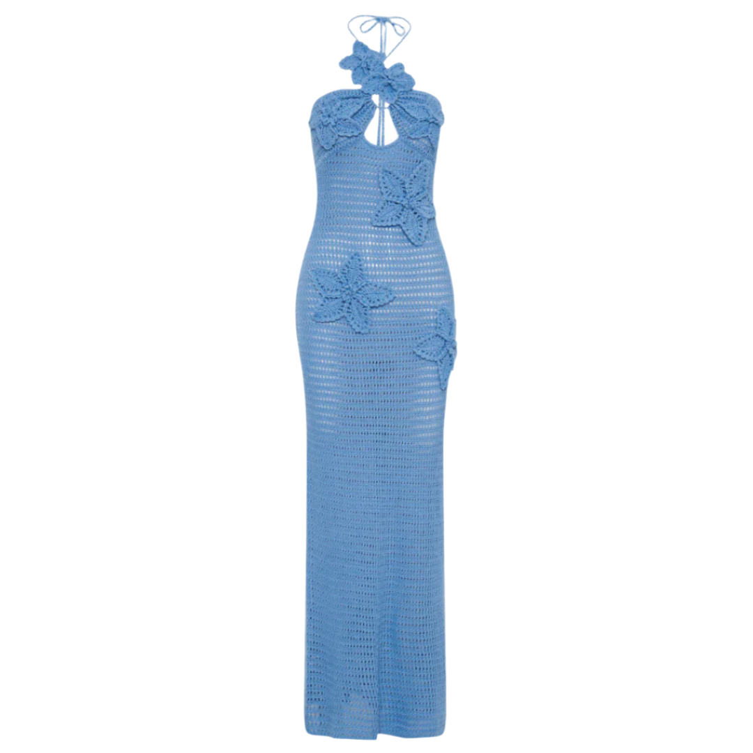 Robe longue en crochet pour femme bleue – Élégante robe d'été bohème maxi avec détails flottants