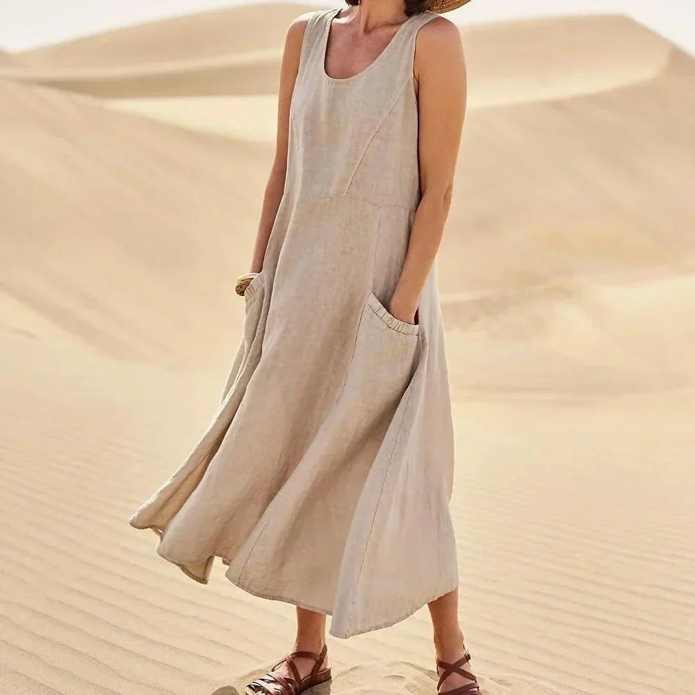 Variant image for Robe Longue Femme Sans Manches en Coton et Lin avec Poches - Confort et Élégance d'Été-65