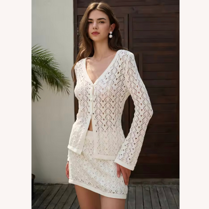 Ensemble bohème chic pour femme en crochet - Gilet à col en V et mini-jupe assortie en coton respirant