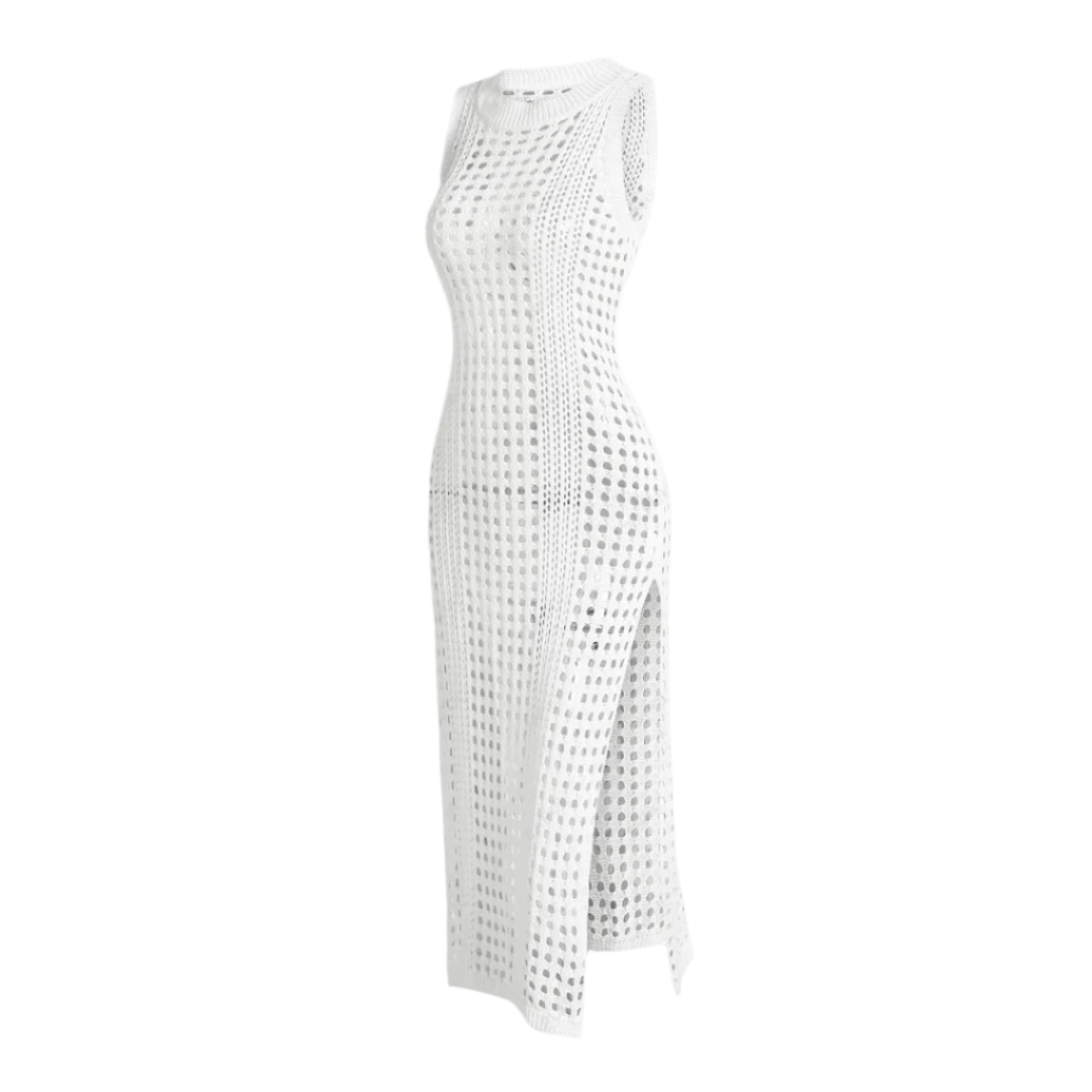 Robe de plage en crochet élégante pour femme – Midi confortable avec fente latérale en mélange de coton