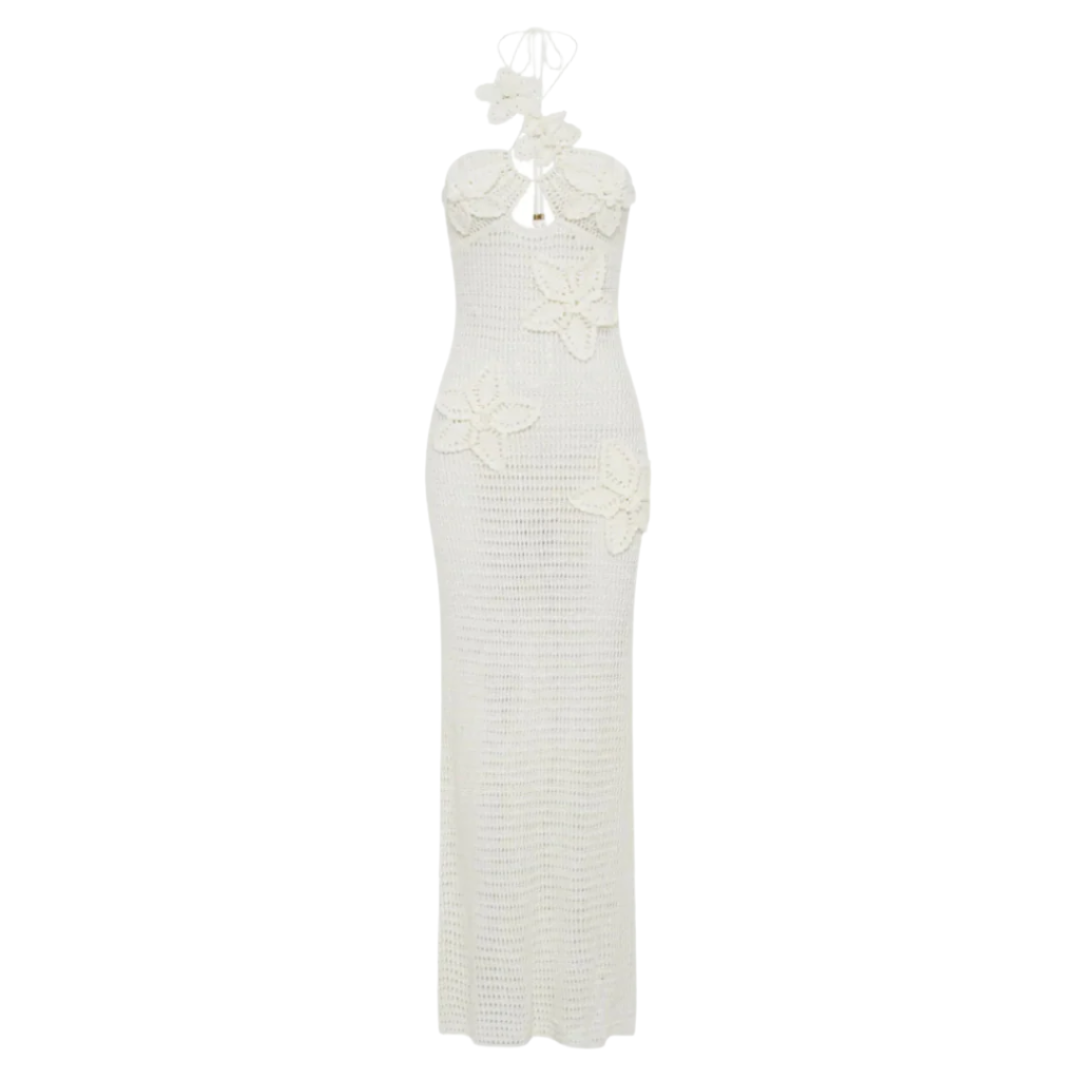 Robe longue en crochet pour femme bleue – Élégante robe d'été bohème maxi avec détails flottants