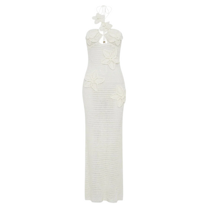 Robe longue en crochet pour femme bleue – Élégante robe d'été bohème maxi avec détails flottants