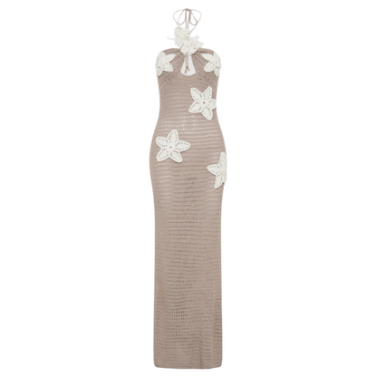Robe longue en crochet pour femme bleue – Élégante robe d'été bohème maxi avec détails flottants