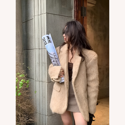Veste blazer pour femme en polyester à fausse fourrure