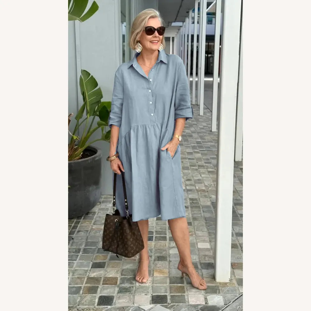 Robe décontractée pour femme en lin et coton mi-longue - Confortable avec poches, encolure ronde, plusieurs couleurs