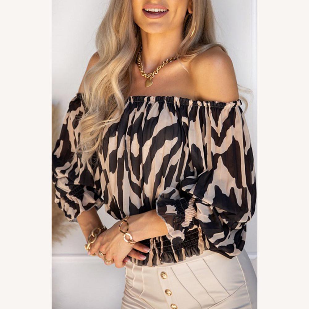 Blouse femme à épaules dénudées imprimé animal avec taille froncée – Style bohème élégant