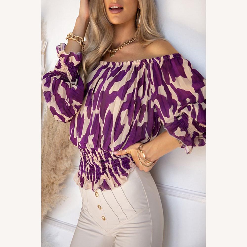 Blouse femme à épaules dénudées imprimé animal avec taille froncée – Style bohème élégant